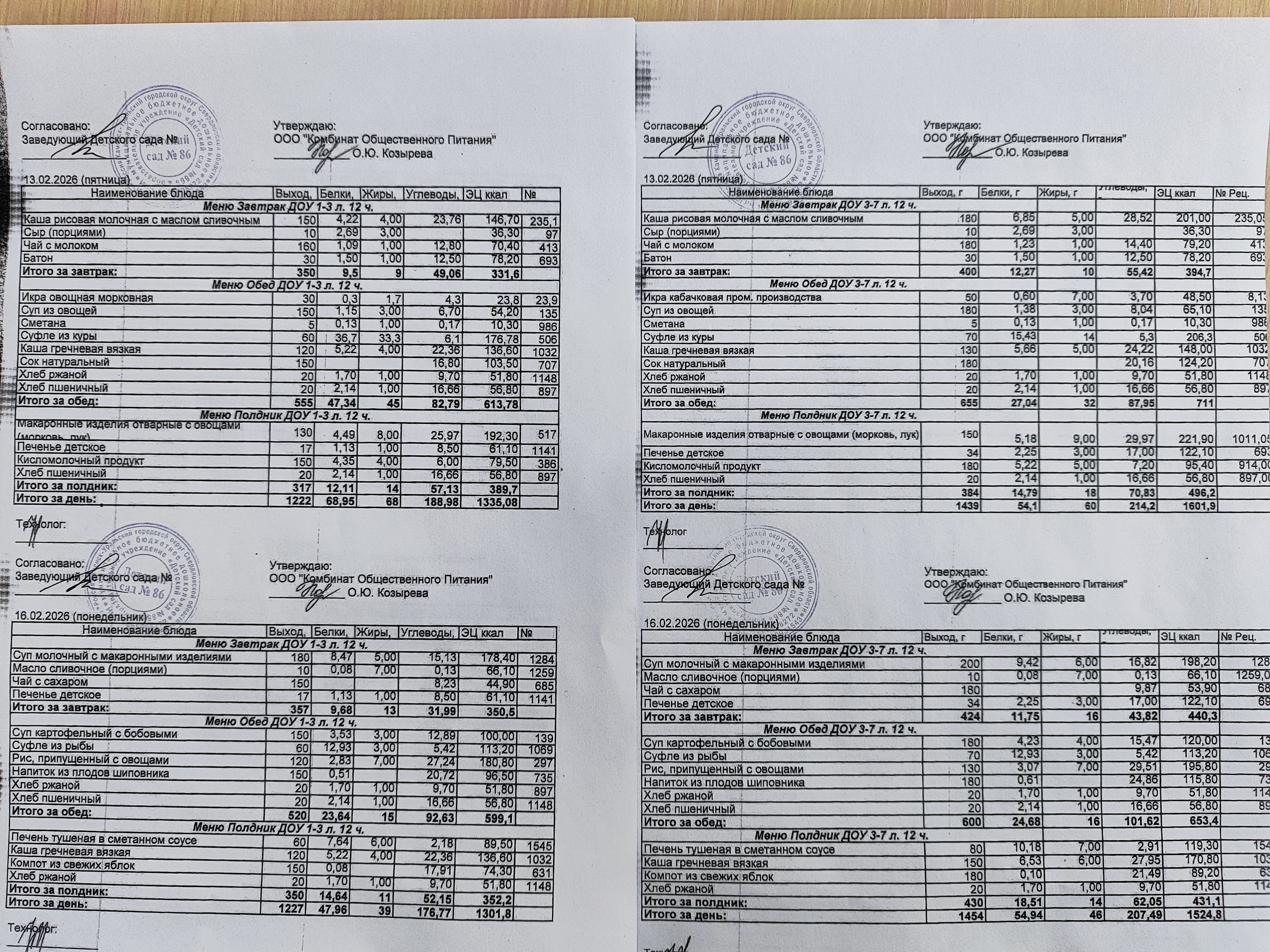 Меню на 13 и 16